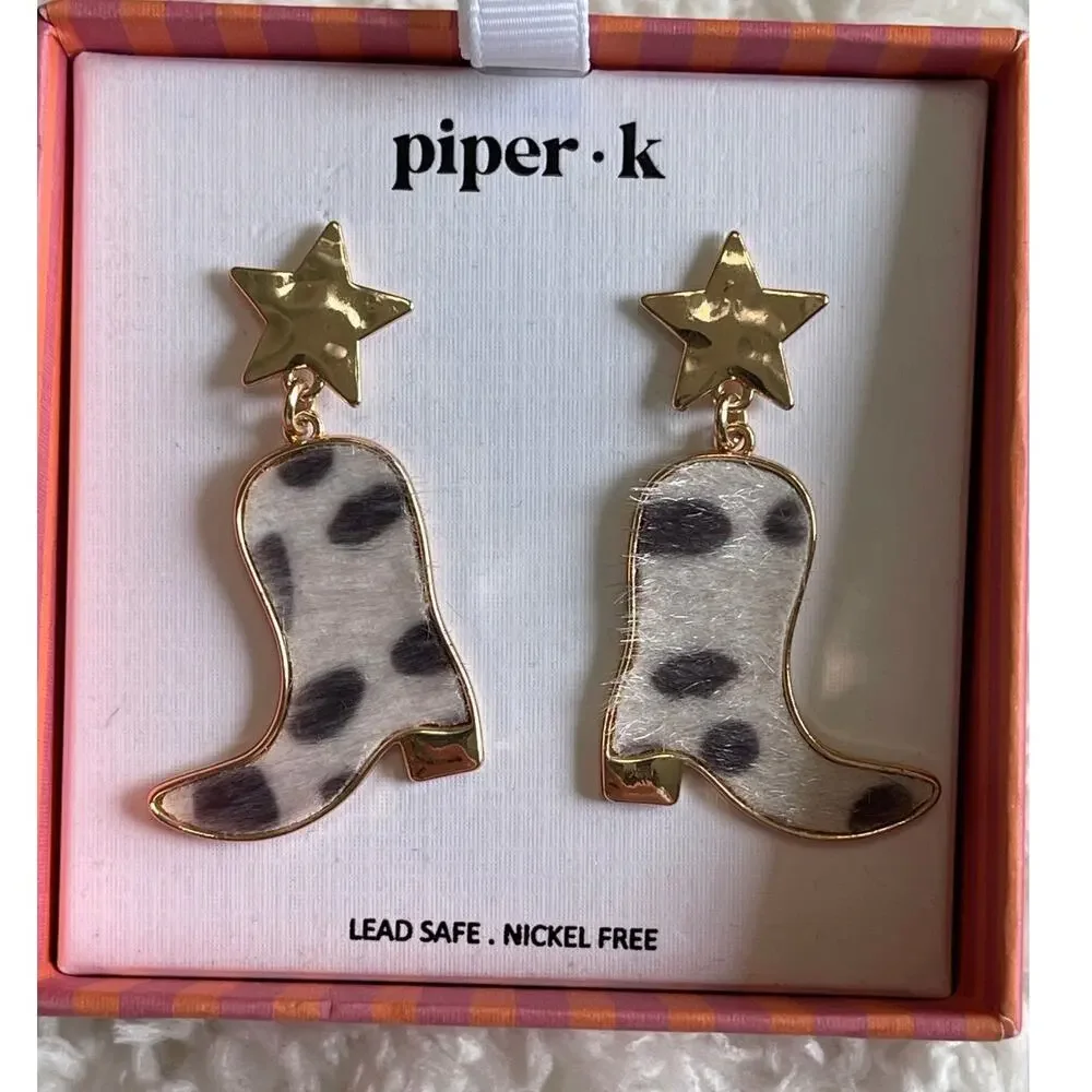 Piper K Western Star Animal Hide Cowboy Print Boot Dangle Drop Earrings NEW